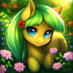 Size: 2048x2048 | Tagged: safe, imported from derpibooru, oc, oc only, unnamed oc, earth pony, pony, ai content, ai generated, cute, female, flower, flower in hair, front view, generator:purplesmart.ai, generator:stable diffusion, looking at you, lying down, mare, ocbetes, prone, solo