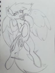 Size: 768x1024 | Tagged: safe, artist:koapony, imported from derpibooru, oc, oc only, oc:koa, pegasus, pony, eyebrows, eyebrows visible through hair, looking at you, microphone, microphone stand, singing, solo, spread wings, traditional art, wings