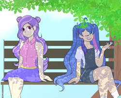 Size: 1280x1033 | Tagged: safe, artist:brooklynsentryyt, imported from derpibooru, oc, oc only, human, series:friendship is forever, bench, bracelet, clothes, duo, ear piercing, earring, hat, humanized, jewelry, leaves, looking at you, park bench, piercing, smiling, socks, striped socks, talking, tiara, tree, witch hat