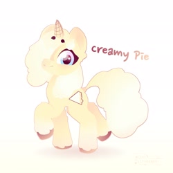 Size: 2048x2048 | Tagged: safe, artist:goldentechcat, imported from derpibooru, oc, oc only, oc:creamy pie, pony, unicorn, female, hair over one eye, looking at you, simple background, solo, text, white background