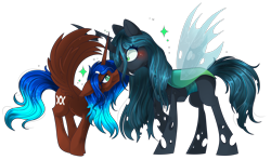 Size: 4485x2649 | Tagged: safe, artist:angellightyt, imported from derpibooru, queen chrysalis, oc, oc:aine aisling, alicorn, changeling, changeling queen, pony, art trade, blushing, canon x oc, fangs, shipping, simple background, transparent background, transparent wings, wings