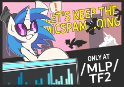 Size: 4299x3035 | Tagged: safe, imported from derpibooru, dj pon-3, vinyl scratch, pegasus, pony, unicorn, /mlp/ tf2 general, dialogue box, dj booth, exclamation point, ghostly gibus, gibus, hat, micspam, rocket jump, rocket launcher, scout, silhouette, soldier, team fortress 2, text, vinyl's glasses, weapon