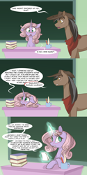 Size: 1280x2562 | Tagged: safe, artist:lolepopenon, imported from derpibooru, oc, oc:oliver, oc:sweet tales, earth pony, pony, unicorn, ask billie the kid, book, comic, duo, glasses, hat, magic, telekinesis