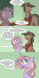 Size: 1280x2562 | Tagged: safe, artist:lolepopenon, imported from derpibooru, oc, oc:oliver, oc:sweet tales, earth pony, pony, unicorn, ask billie the kid, comic, duo, glasses, hat