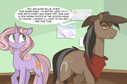 Size: 1280x854 | Tagged: safe, artist:lolepopenon, imported from derpibooru, oc, oc:oliver, oc:sweet tales, earth pony, pony, unicorn, ask billie the kid, book, comic, duo, glasses, hat