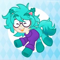 Size: 2480x2480 | Tagged: safe, artist:ninnydraws, imported from derpibooru, oc, oc only, oc:kovox, earth pony, pony, abstract background, blushing, clothes, eyes closed, glasses, male, open mouth, open smile, smiling, solo, sweater