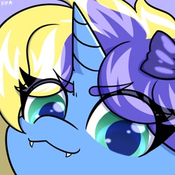 Size: 1500x1500 | Tagged: safe, artist:koapony, imported from derpibooru, oc, oc only, pony, unicorn, >:3, eye clipping through hair, eyebrows, eyebrows visible through hair, fangs, looking at you, solo