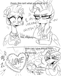 Size: 1080x1350 | Tagged: safe, artist:jully-park, imported from derpibooru, queen haven, pegasus, pony, comic, duo, female, g5, implied alphabittle blossomforth, implied alphahaven, implied shipping, korean, mare, shipping, sketch, text, zoom zephyrwing