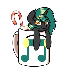 Size: 1500x1500 | Tagged: safe, artist:koapony, imported from derpibooru, oc, oc only, pony, unicorn, candy, candy cane, chocolate, cup, cup of pony, eye clipping through hair, eyebrows, eyebrows visible through hair, food, hot chocolate, looking at you, marshmallow, micro, smiling, solo