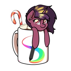 Size: 1500x1500 | Tagged: safe, artist:koapony, imported from derpibooru, oc, oc only, pony, unicorn, candy, candy cane, chocolate, cup, cup of pony, ear piercing, earring, eye clipping through hair, eyebrows, eyebrows visible through hair, food, hot chocolate, jewelry, looking at you, marshmallow, micro, piercing, smiling, solo