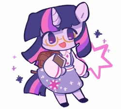 Size: 629x565 | Tagged: safe, artist:y_songmo, imported from derpibooru, twilight sparkle, pony, semi-anthro, unicorn, backpack, book, clothes, cute, dress, female, mare, simple background, skirt, solo, twiabetes, white background