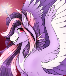 Size: 2600x3000 | Tagged: safe, artist:acry-artwork, imported from derpibooru, oc, oc only, oc:yume shine, alicorn, pony, alicorn oc, bust, commission, horn, portrait, smiling, wings