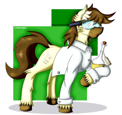 Size: 2359x2213 | Tagged: safe, artist:thebenalpha, imported from derpibooru, oc, oc:calpain, earth pony, pony, clothes, earth pony oc, gift art, goggles, simple background