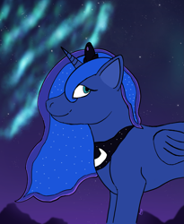 Size: 1683x2048 | Tagged: safe, artist:candy breeze, imported from derpibooru, princess luna, alicorn, pony, crown, diadem, female, horn, jewelry, looking back, mane, mare, necklace, night, night sky, regalia, royalty, simple background, sky, smiling, stars, tiara, wavy mane, wings