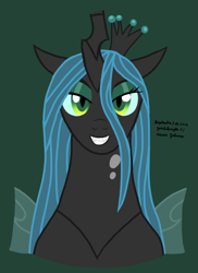 Size: 1275x1755 | Tagged: safe, artist:yoshiknight2, imported from derpibooru, queen chrysalis, changeling, changeling queen, bust, crown, evil grin, female, green background, grin, jewelry, looking at you, mare, regalia, simple background, smiling, solo