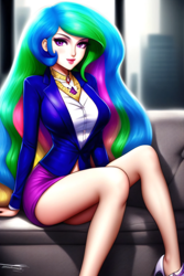 Size: 2048x3072 | Tagged: safe, imported from derpibooru, princess celestia, human, ai content, ai generated, clothes, couch, female, generator:purplesmart.ai, generator:stable diffusion, humanized, jewelry, legs, looking at you, necklace, solo