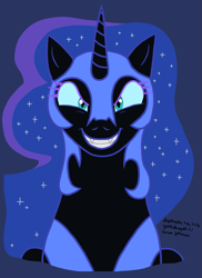 Size: 1275x1755 | Tagged: safe, artist:yoshiknight2, imported from derpibooru, nightmare moon, alicorn, pony, bust, evil grin, fangs, female, grin, looking at you, mare, purple background, signature, simple background, smiling, smiling at you, solo