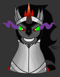 Size: 1382x1755 | Tagged: safe, artist:yoshiknight2, imported from derpibooru, king sombra, pony, unicorn, bust, evil grin, gray background, grin, looking at you, male, simple background, smiling, solo, stallion