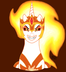 Size: 1751x1924 | Tagged: safe, artist:yoshiknight2, imported from derpibooru, daybreaker, alicorn, pony, bust, evil grin, female, grin, looking at you, mare, red background, simple background, smiling, solo