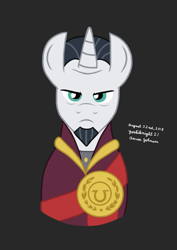 Size: 1240x1753 | Tagged: safe, artist:yoshiknight2, imported from derpibooru, chancellor neighsay, pony, unicorn, bust, frown, gray background, looking at you, male, simple background, solo, stallion