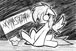 Size: 1036x690 | Tagged: safe, artist:xxv4mp_g4z3rxx, imported from derpibooru, derpy hooves, pegasus, pony, black and white, female, food, grayscale, mare, monochrome, muffin, no iris, no pupils, signature, sketch, solo, spread wings, wings