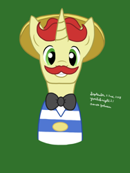 Size: 1320x1753 | Tagged: safe, artist:yoshiknight2, imported from derpibooru, flam, pony, unicorn, bust, green background, grin, looking at you, simple background, smiling, solo
