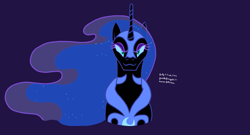 Size: 3256x1753 | Tagged: safe, artist:yoshiknight2, imported from derpibooru, nightmare moon, alicorn, pony, :3, bust, female, looking at you, mare, purple background, simple background, smiling, smirk, solo