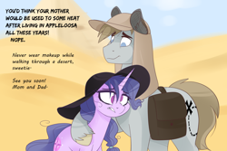 Size: 1280x854 | Tagged: safe, artist:lolepopenon, imported from derpibooru, oc, oc:abigail, oc:jace jet, earth pony, pony, unicorn, ask billie the kid, bag, desert, duo, female, hat, male, mare, saddle bag, stallion