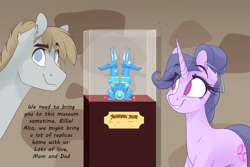 Size: 1280x854 | Tagged: safe, artist:lolepopenon, imported from derpibooru, oc, oc:abigail, oc:jace jet, earth pony, pony, unicorn, ask billie the kid, display case, duo, female, male, mare, sapphire statue, stallion