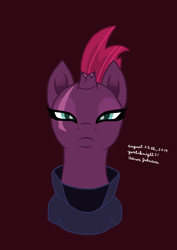 Size: 1240x1753 | Tagged: safe, artist:yoshiknight2, imported from derpibooru, tempest shadow, pony, unicorn, broken horn, bust, female, frown, horn, looking at you, mare, red background, simple background, solo