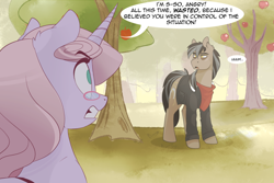 Size: 1280x854 | Tagged: safe, artist:lolepopenon, imported from derpibooru, oc, oc:oliver, oc:sweet tales, earth pony, pony, unicorn, ask billie the kid, apple, apple tree, bag, duo, female, glasses, male, mare, stallion, tree