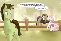 Size: 1280x854 | Tagged: safe, artist:lolepopenon, imported from derpibooru, oc, oc:oliver, oc:sweet tales, earth pony, pony, unicorn, ask billie the kid, apple, apple tree, bag, female, fence, glasses, male, mare, saddle bag, stallion, tree, trio