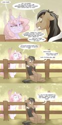 Size: 1280x2562 | Tagged: safe, artist:lolepopenon, imported from derpibooru, oc, oc:oliver, oc:sweet tales, earth pony, pony, unicorn, ask billie the kid, apple, apple tree, comic, duo, female, fence, glasses, male, mare, stallion, tree