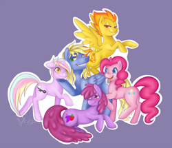 Size: 1024x880 | Tagged: safe, artist:bumblebun, imported from derpibooru, berry punch, berryshine, pinkie pie, spitfire, oc, oc:ink key, earth pony, pegasus, pony, unicorn, blushing, canon x oc, grin, harem, lidded eyes, open mouth, open smile, smiling, spread wings, wings