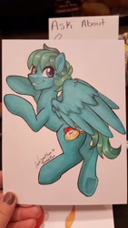 Size: 1152x2048 | Tagged: safe, artist:inkkeystudios, imported from derpibooru, oc, oc only, pony, eye clipping through hair, looking at you, looking back, looking back at you, photo, smiling, solo, spread wings, traditional art, underhoof, wings