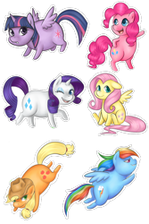 Size: 600x900 | Tagged: safe, artist:bumblebun, imported from derpibooru, applejack, fluttershy, pinkie pie, rainbow dash, rarity, twilight sparkle, alicorn, earth pony, pegasus, pony, unicorn, applefat, bipedal, fat, fattershy, floppy ears, flying, mane six, one eye closed, open mouth, open smile, potato pony, pudgy pie, rainblob dash, raritubby, sitting, smiling, spread wings, sticker, twilard sparkle, twilight sparkle (alicorn), wings, wink