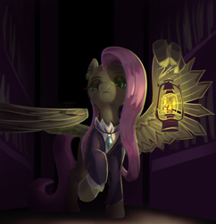 Size: 3038x3134 | Tagged: safe, artist:ciborgen, imported from derpibooru, fluttershy, pegasus, pony, bookshelf, female, fluttergoth, lantern, looking at you, mare, solo, wing hands, wings