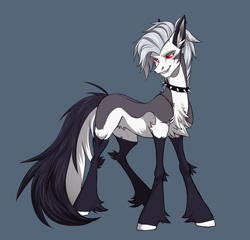 Size: 1959x1881 | Tagged: safe, artist:1an1, imported from derpibooru, demon, demon pony, hellhound, pony, chest fluff, coat markings, collar, crossover, ear fluff, eyebrows, fangs, fetlock tuft, hellhound pony, helluva boss, hooves, long tail, looking at you, loona (helluva boss), male, mohawk, nostrils, ponified, red sclera, rule 63, smiling, smiling at you, socks (coat markings), solo, spiked collar, stallion, tail, white eyes