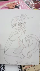 Size: 1152x2048 | Tagged: safe, artist:inkkeystudios, imported from derpibooru, amethyst star, sparkler, oc, oc:tinisparkler, pony, unicorn, bipedal, concentrating, heart, micro, pencil, pencil drawing, photo, tongue out, traditional art