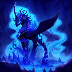 Size: 1024x1024 | Tagged: safe, imported from derpibooru, nightmare moon, alicorn, pony, ai content, ai generated, ethereal mane, ethereal tail, female, generator:pony diffusion v4, generator:stable diffusion, glowing, glowing eyes, mare, prompter:siber, solo, tail