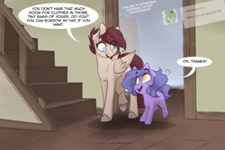 Size: 1280x854 | Tagged: safe, artist:lolepopenon, imported from derpibooru, oc, oc only, oc:billie, oc:pepper, earth pony, pegasus, pony, ask billie the kid, ask, comic, duo, stairs