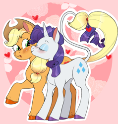 Size: 640x671 | Tagged: safe, artist:janeandjuice, imported from derpibooru, applejack, rarity, earth pony, pony, unicorn, applejack's hat, blushing, cheek kiss, cowboy hat, cute, eyes closed, female, hat, heart, jackabetes, kissing, leonine tail, lesbian, raribetes, rarijack, shipping, tail