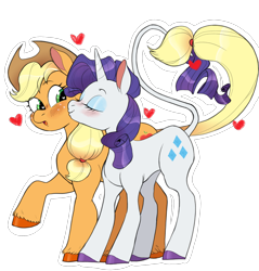 Size: 1954x2048 | Tagged: safe, alternate version, artist:janeandjuice, imported from derpibooru, applejack, rarity, earth pony, pony, unicorn, applejack's hat, blushing, cheek kiss, cowboy hat, cute, eyes closed, female, hat, heart, jackabetes, kissing, leonine tail, lesbian, raribetes, rarijack, shipping, simple background, tail, transparent background