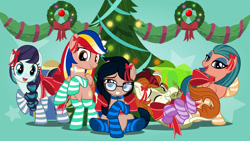 Size: 1024x577 | Tagged: safe, artist:jhayarr23, imported from derpibooru, autumn blaze, coloratura, somnambula, oc, oc:crescend cinnamon, oc:pearl shine, pony, alternate hairstyle, christmas, christmas lights, christmas tree, christmas wreath, clothes, cute, dorky, egyptian, egyptian pony, female, filipino, glasses, holiday, looking at you, nation ponies, philippines, ponified, present, ribbon, socks, striped socks, tree, wreath