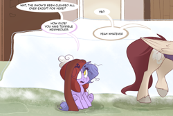 Size: 1280x854 | Tagged: safe, artist:lolepopenon, imported from derpibooru, oc, oc only, oc:billie, oc:pepper, earth pony, pegasus, pony, ask billie the kid, ask, comic, duo, snow