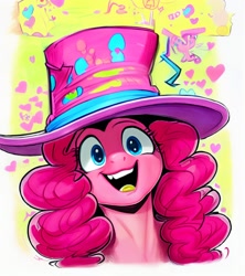 Size: 1536x1728 | Tagged: safe, imported from derpibooru, pinkie pie, earth pony, pony, abstract background, ai content, ai generated, bust, female, generator:pony diffusion v4, generator:stable diffusion, hat, looking at you, mare, open mouth, open smile, party, portrait, prompter:siber, smiling, smiling at you, solo, top hat