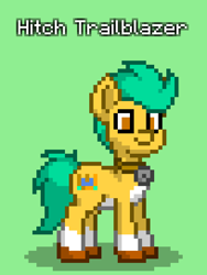 Size: 612x816 | Tagged: safe, imported from derpibooru, hitch trailblazer, earth pony, pony, pony town, badge, g5, green background, male, simple background, solo, stallion