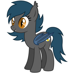 Size: 2000x2000 | Tagged: artist needed, safe, imported from derpibooru, oc, oc:speck, bat pony, pony, bat pony oc, bat wings, blue mane, brown eyes, cute, cute little fangs, ear fluff, fangs, gray coat, simple background, smiling, transparent background, wings