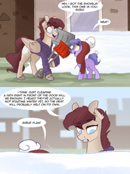 Size: 1280x1708 | Tagged: safe, artist:lolepopenon, imported from derpibooru, oc, oc:billie, oc:pepper, earth pony, pegasus, pony, ask billie the kid, ask, clothes, comic, duo, female, filly, foal, hoodie, scarf, shovel, snow