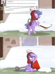 Size: 1280x1708 | Tagged: safe, artist:lolepopenon, imported from derpibooru, oc, oc:billie, earth pony, pony, ask billie the kid, ask, clothes, comic, female, filly, foal, scarf, shovel, snow, solo